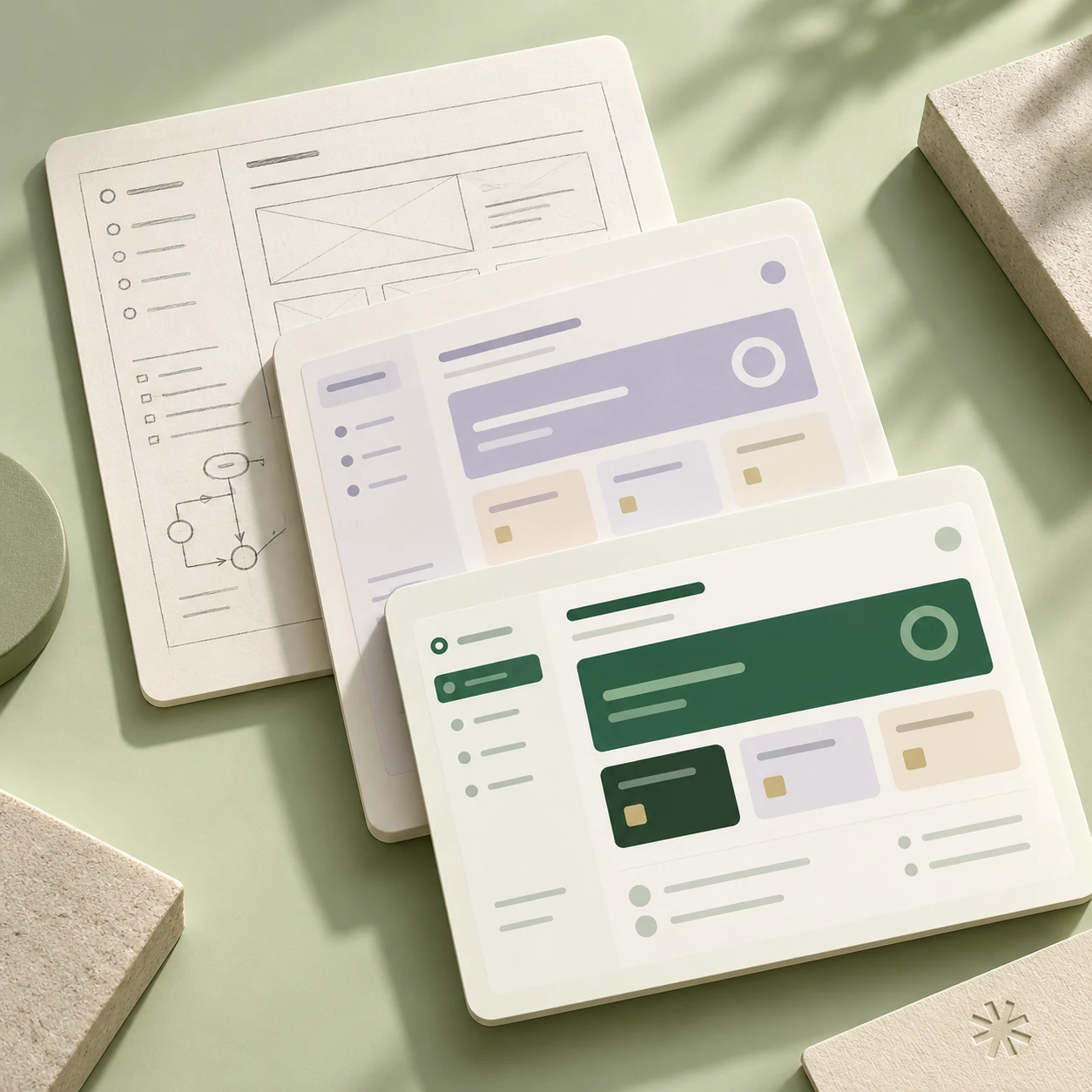 Concept illustration of sketches and interface boards showing how a software product takes shape.